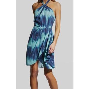 $445 Toccin NY Women's Blue Pleated Sarong Halter Mini Dress Size 2